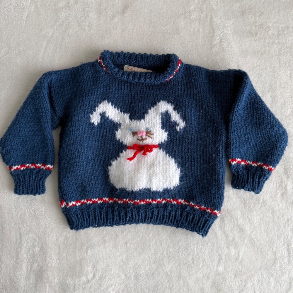 Handmadew Novel Easter Bunny Baby Sweater Rolled Neck Blue White Cotton Blend